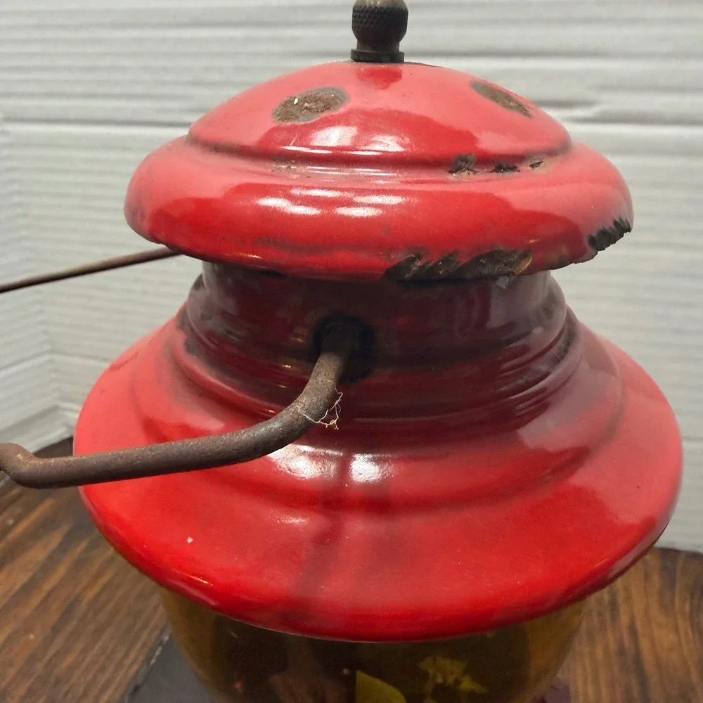 Vintage Coleman 200A Lantern Red Single Mantle Amber Pyrex Globe USA Made AS IS